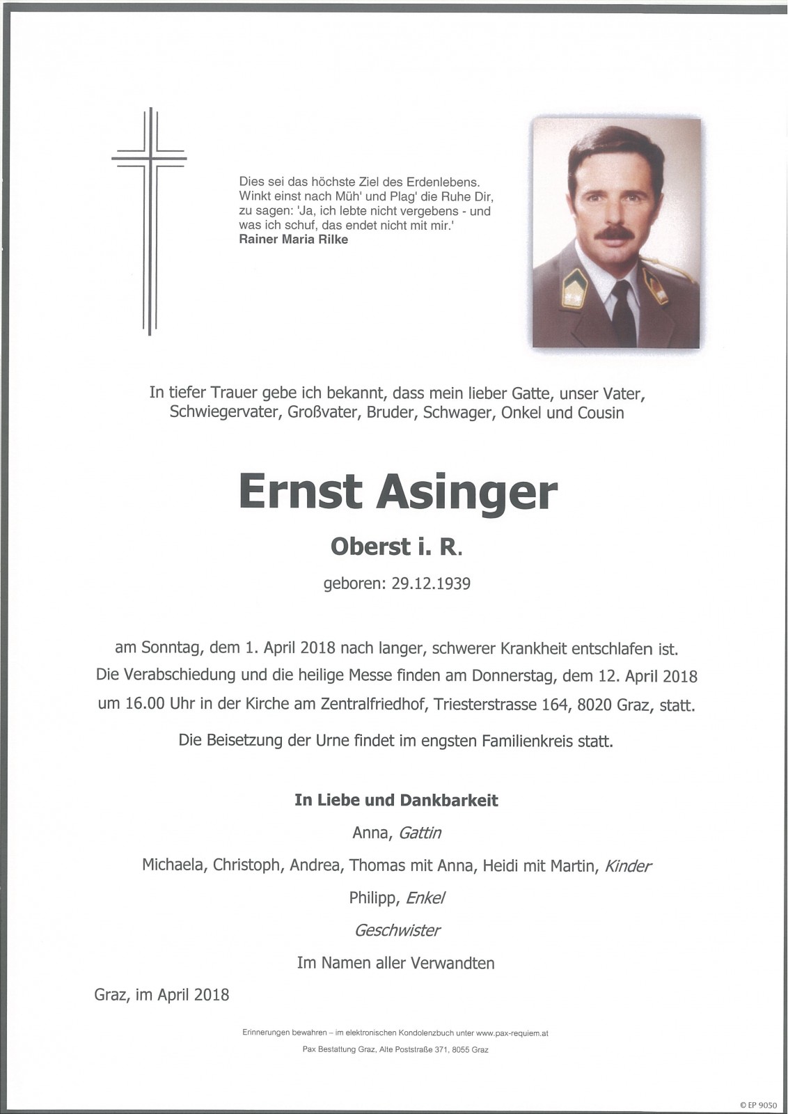 Parte Oberst i.R. Asinger Ernst