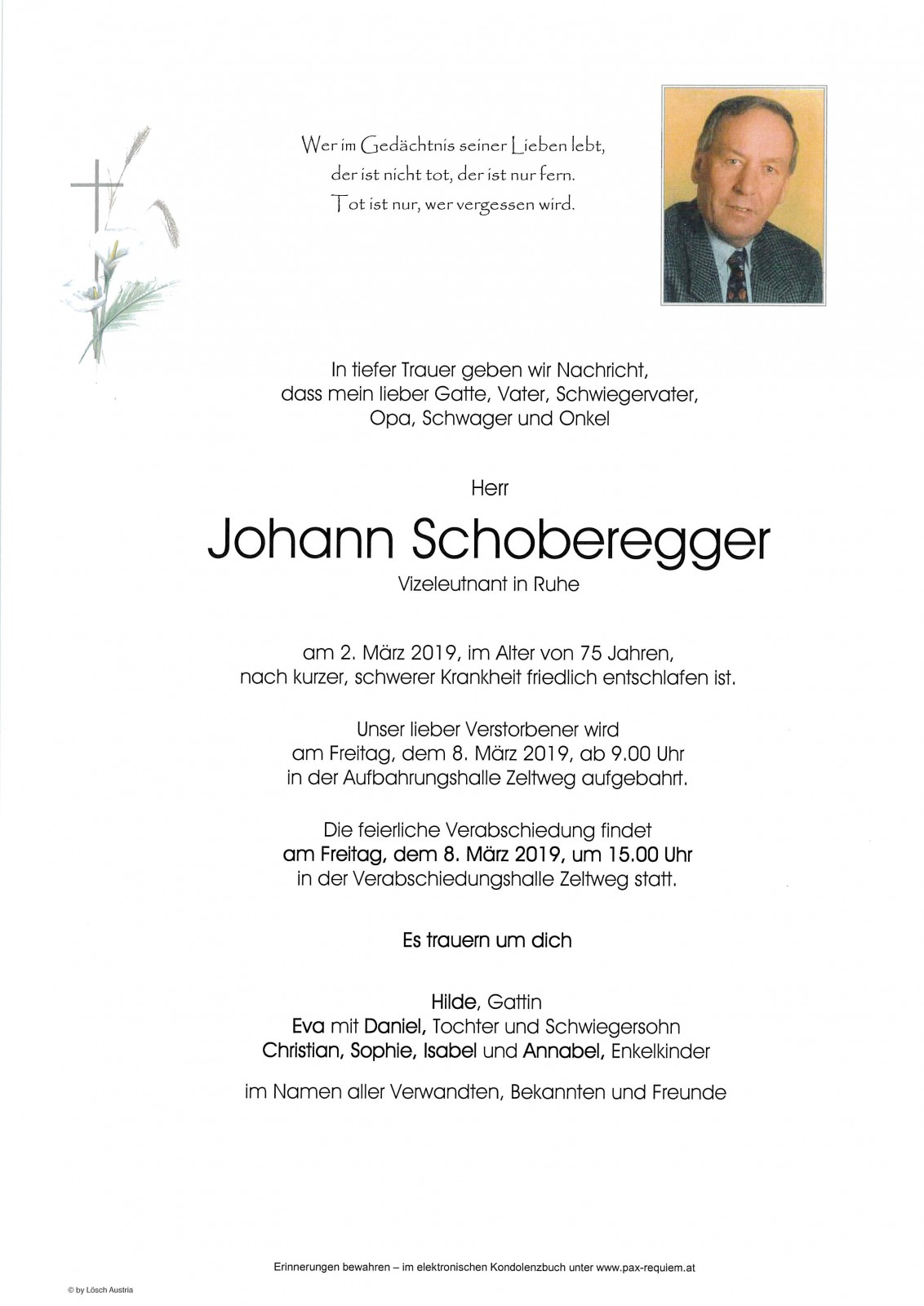 Parte Johann Schoberegger, Vizeleutnant i.R.