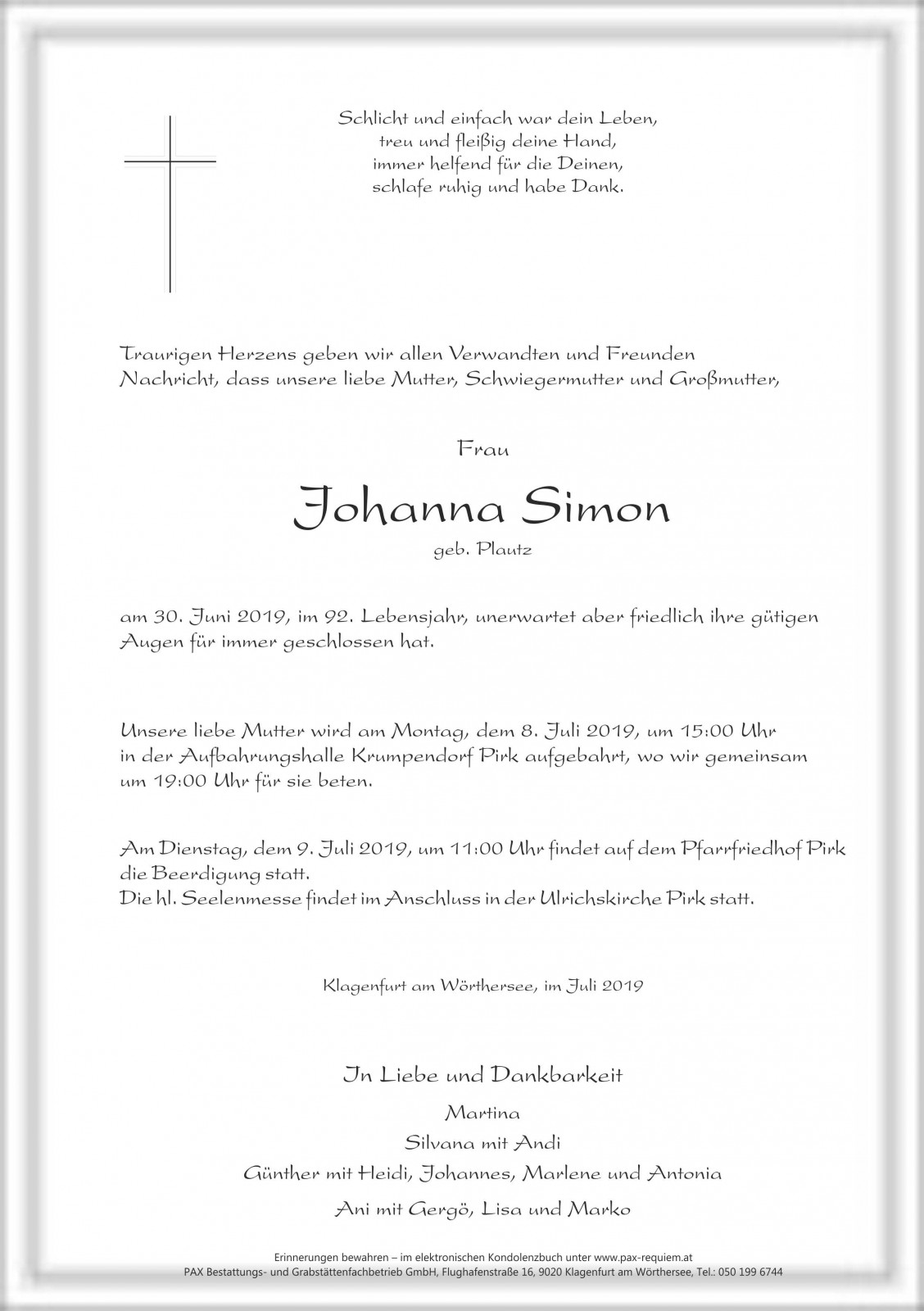Parte Johanna Simon geb. Plautz