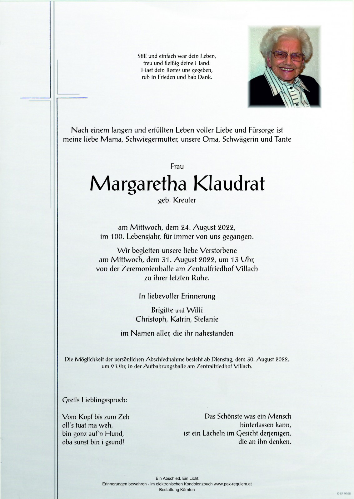 Parte Margaretha Klaudrat, geb. Kreuter
