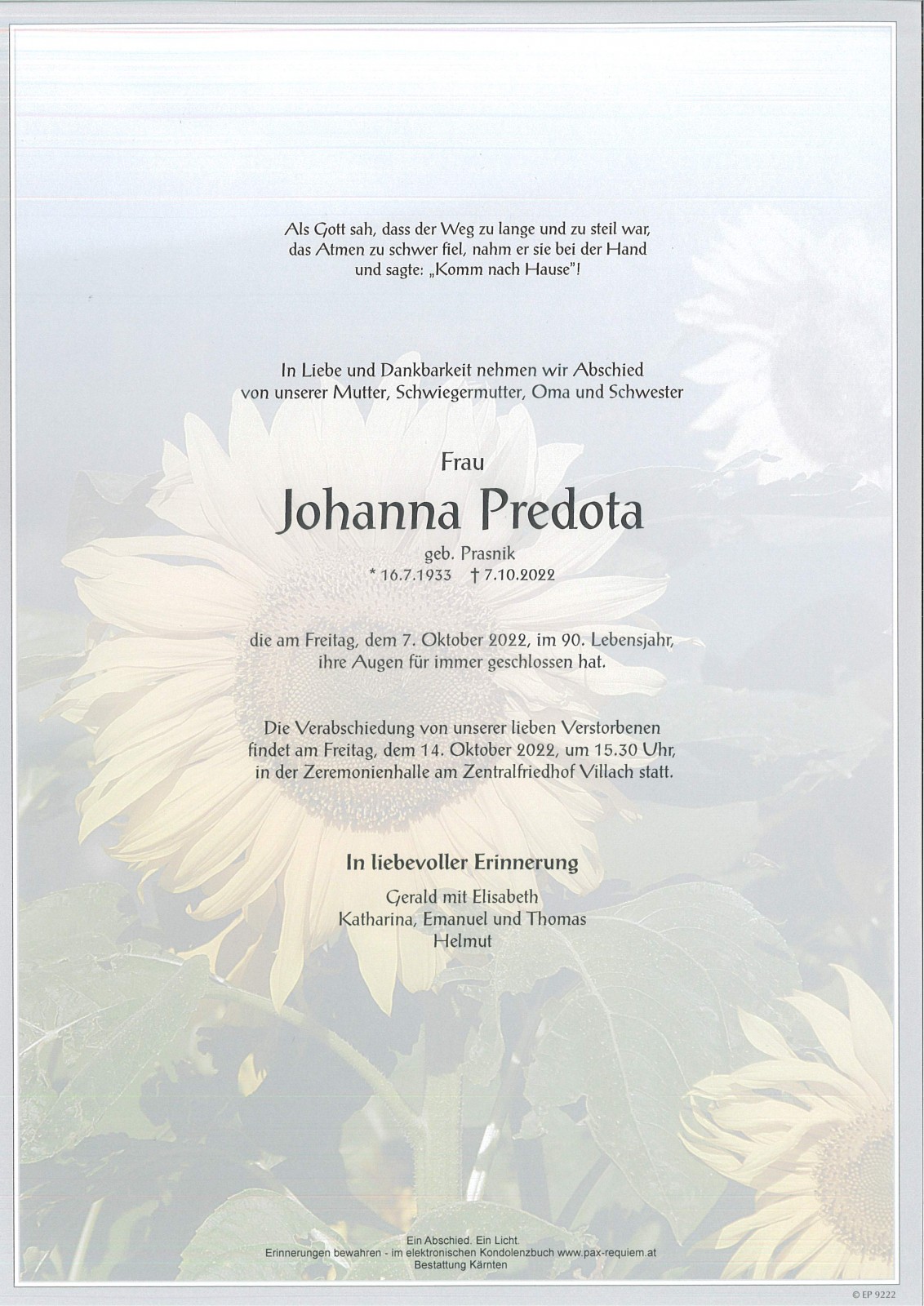 Parte Johanna Predota, geb. Prasnik