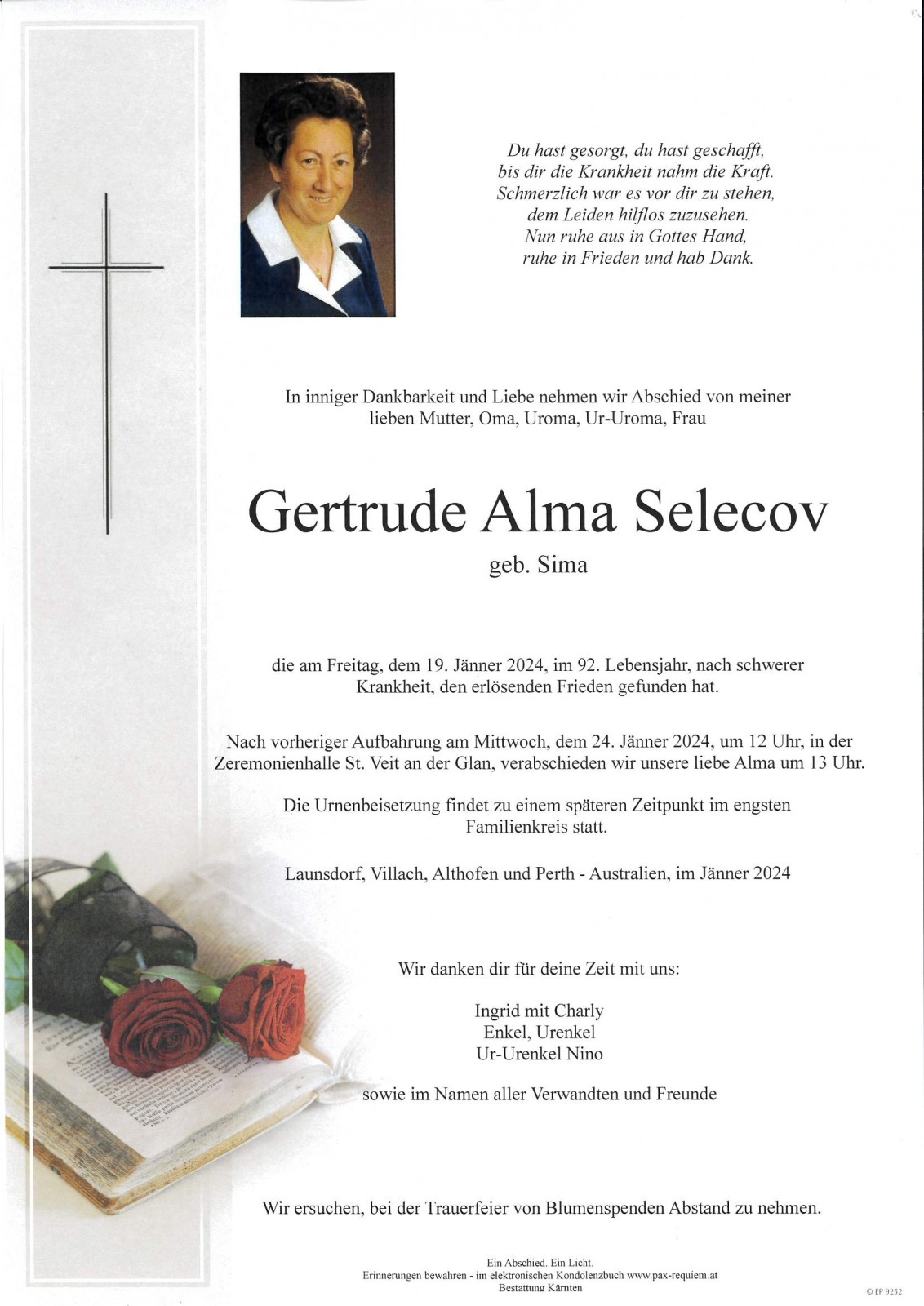 Parte Gertrude Alma Selecov, geb. Sima