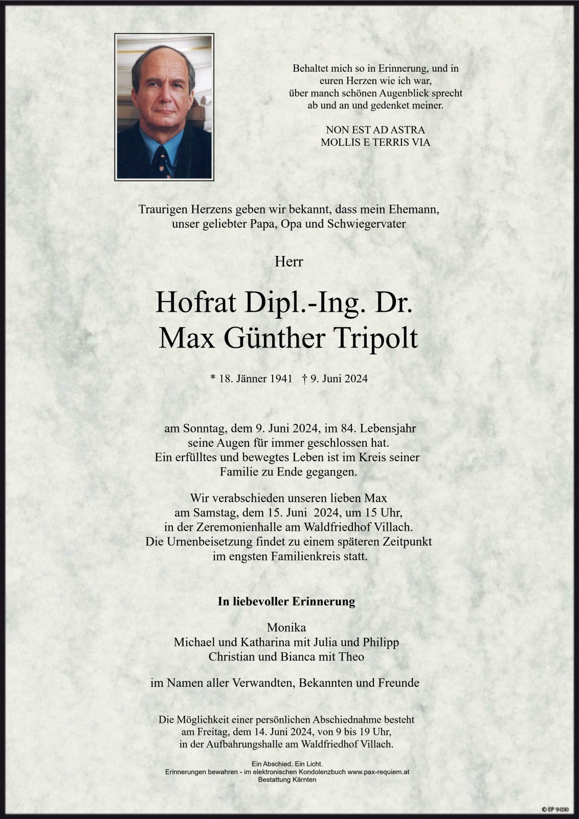 Parte Hofrat Dipl.-Ing. Dr. Max Günther Tripolt