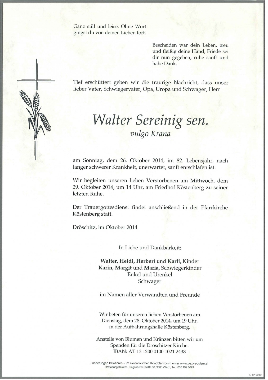Parte Walter Sereinig sen. vulgo Krana