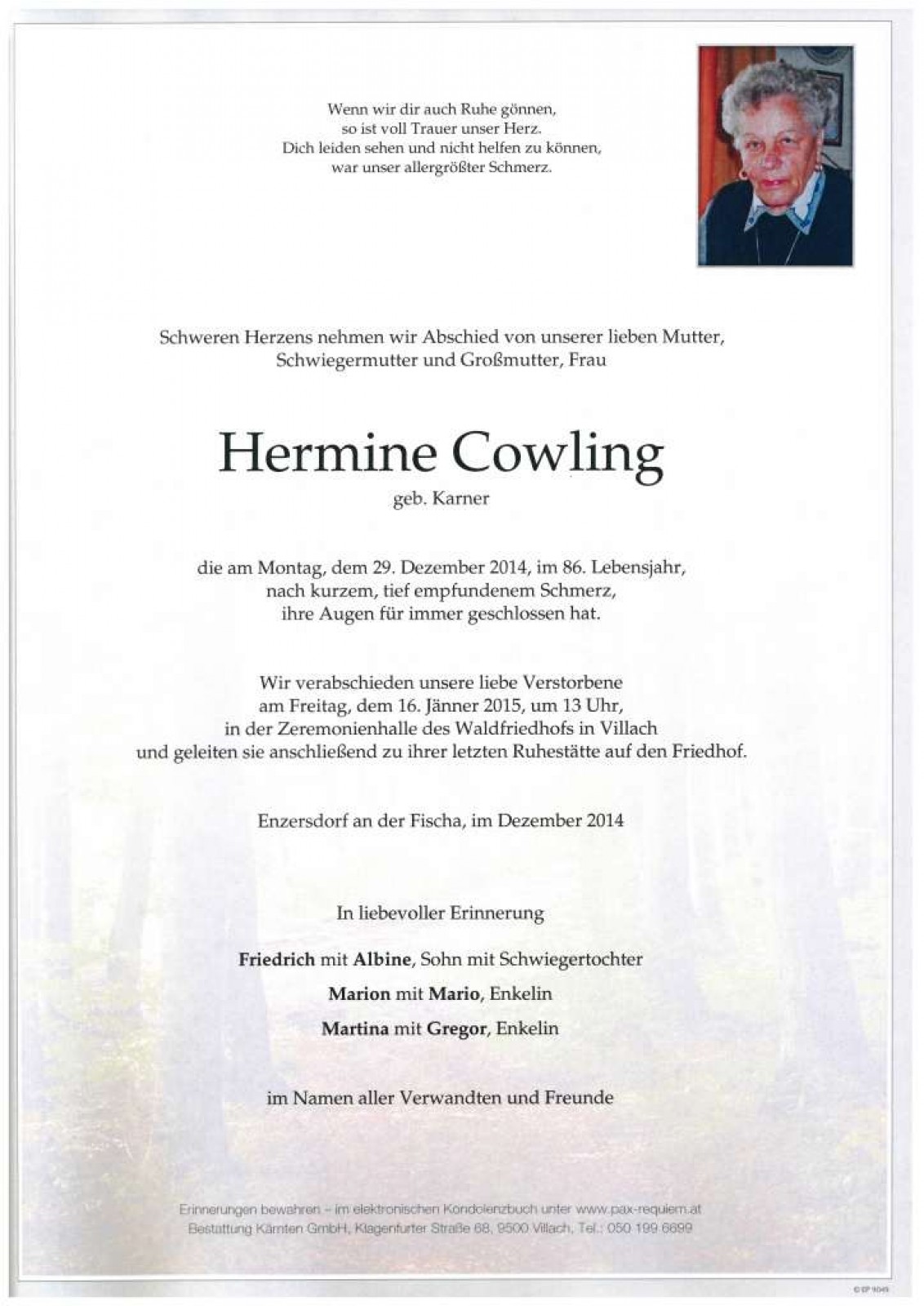 Parte Hermine Cowling, geb. Karner