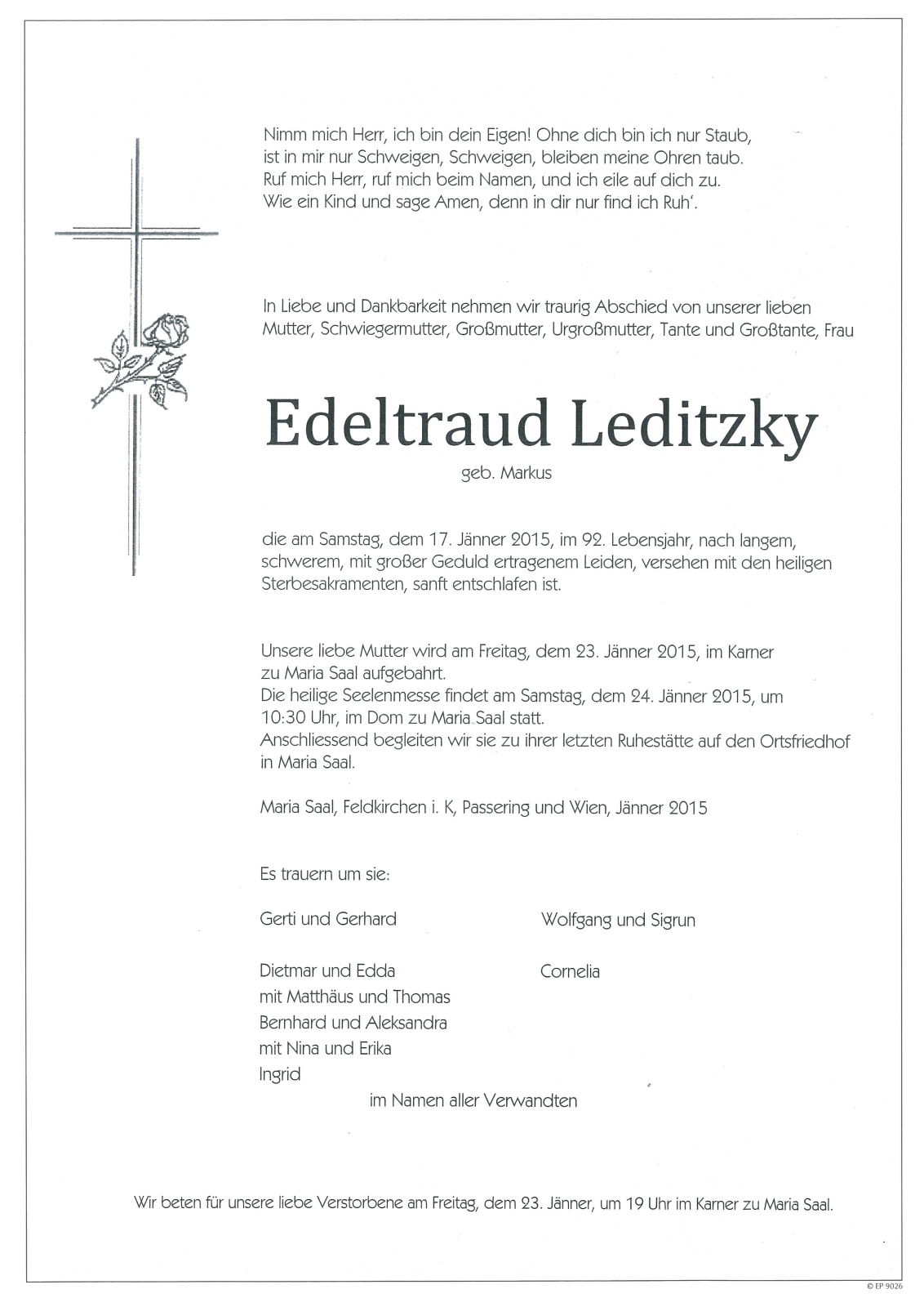 Parte von Edeltraud Leditzky     geb. Markus
