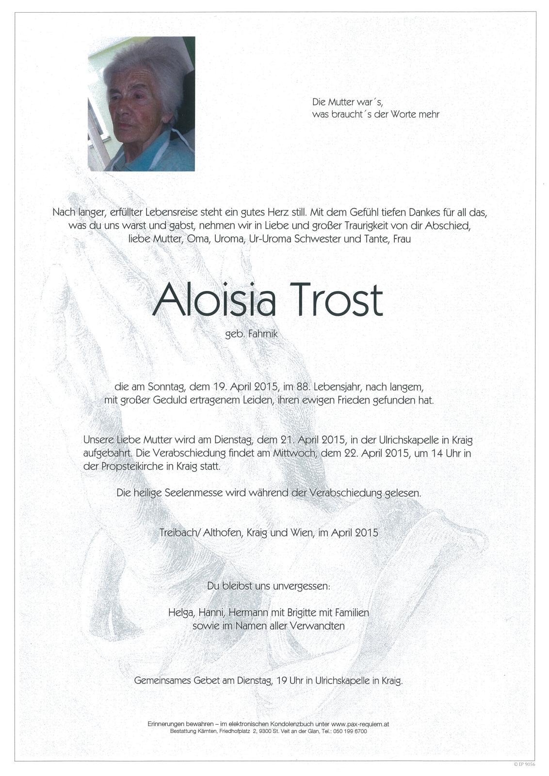 Parte von Aloisia Trost    geb. Fahrnik