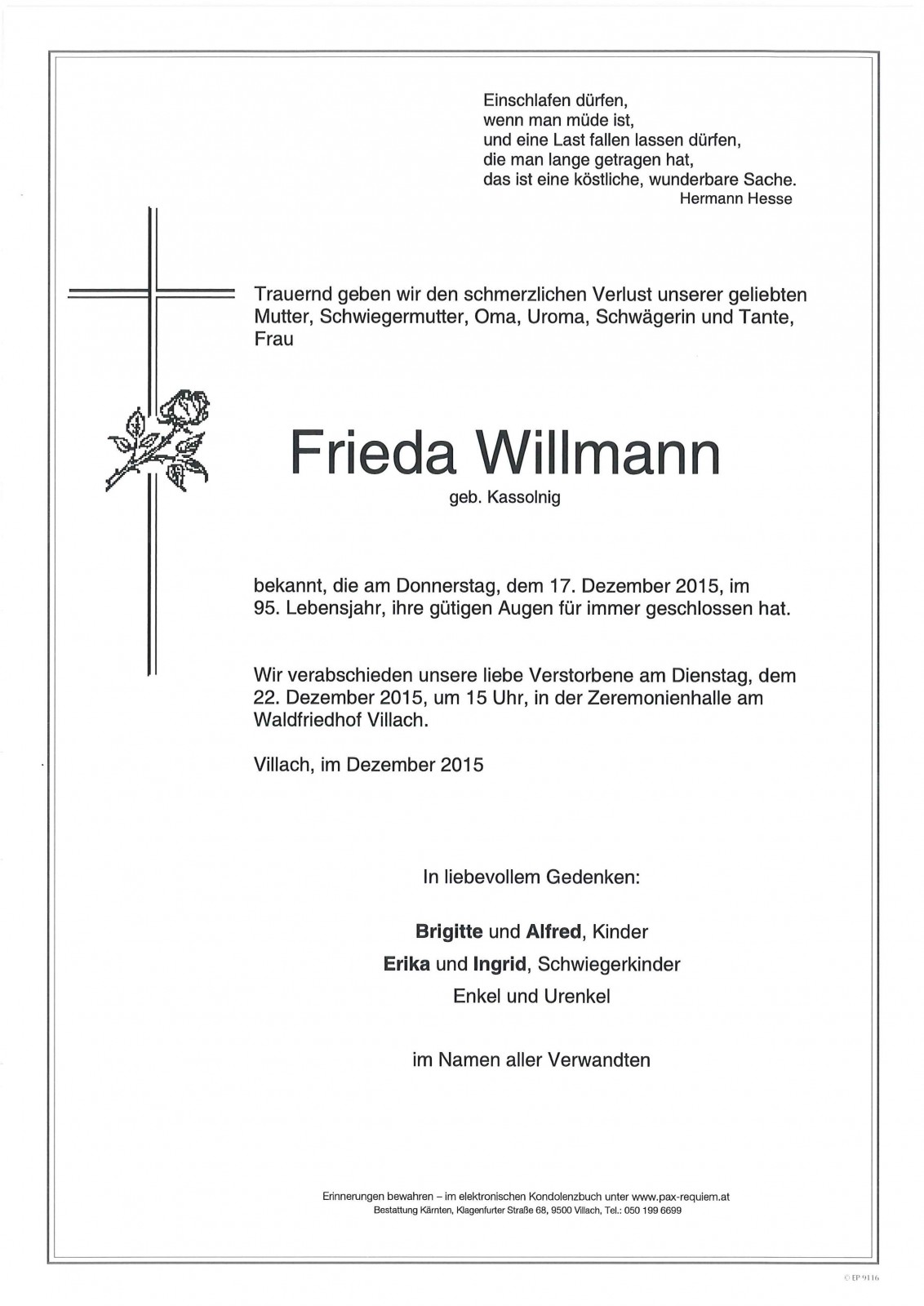 Parte Frieda Willmann geb. Kassolnigg
