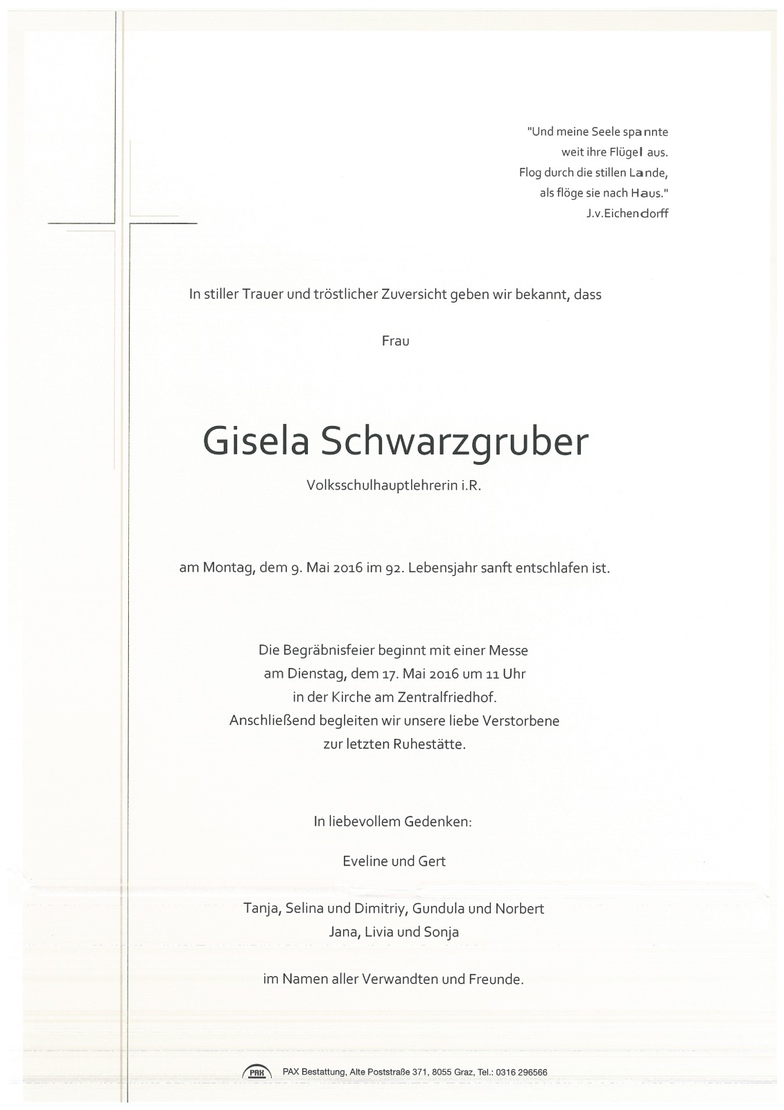 Parte Gisela Schwarzgruber, Volksschulhauptlehrerin i.R.