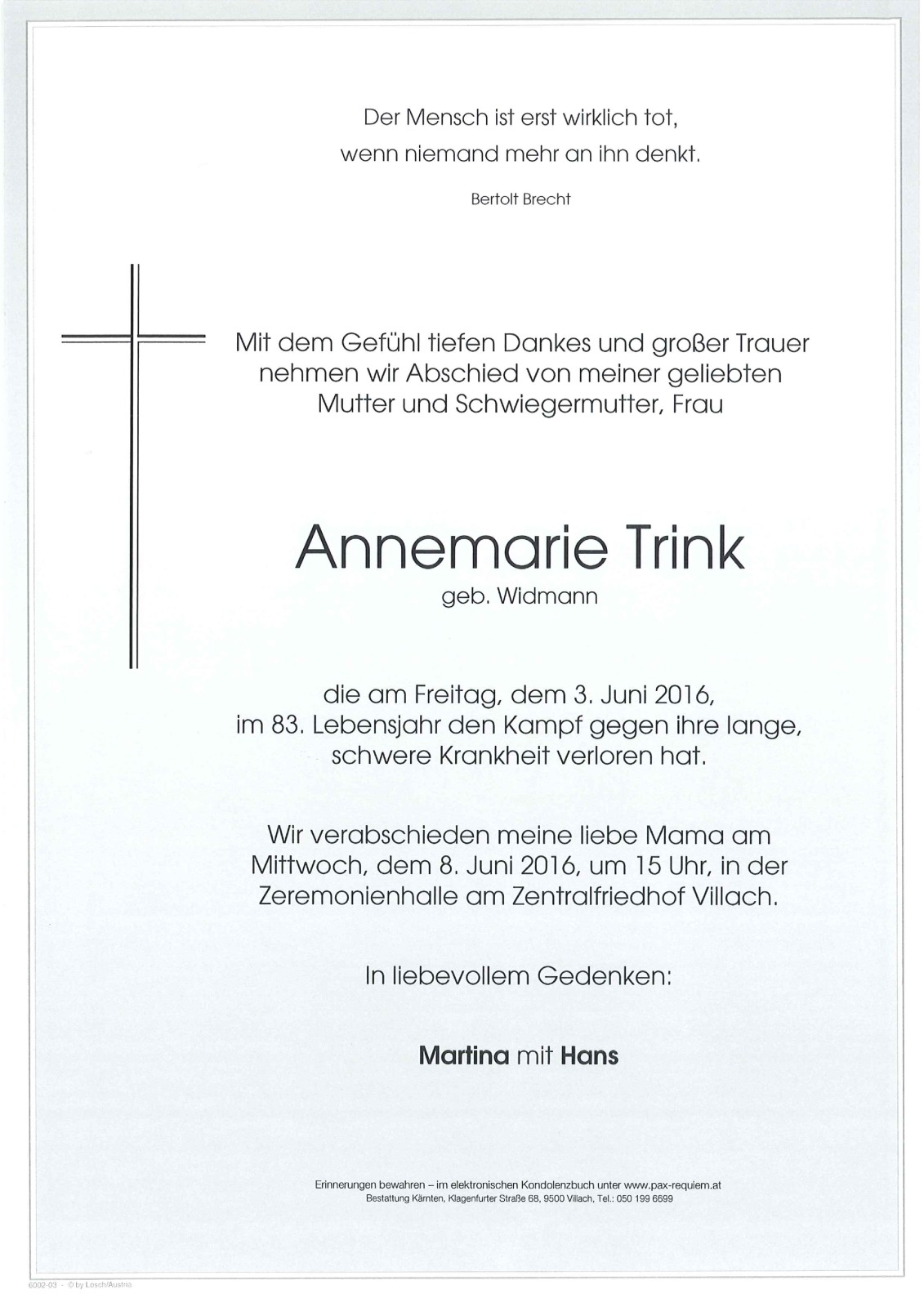 Parte Annemarie Trink geb. Widmann
