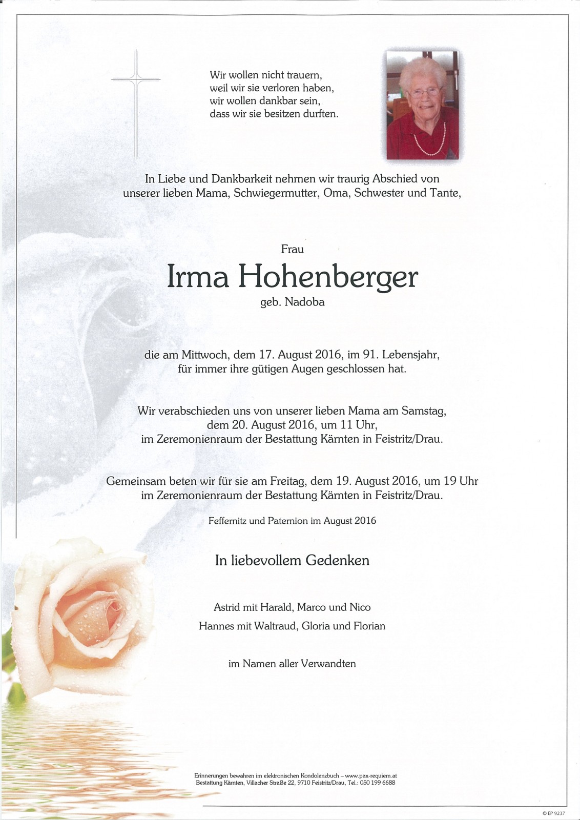 Parte Irma Hohenberger geb. Nadoba