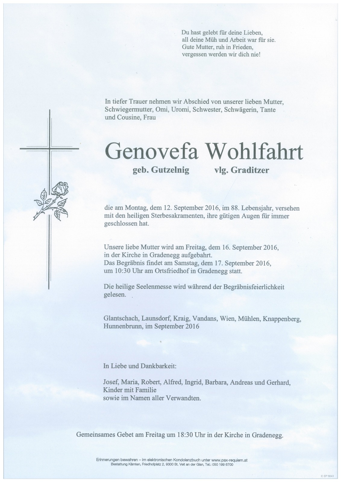 Parte Genovefa Wohlfahrt geb. Gutzelnig  vlg. Graditzer