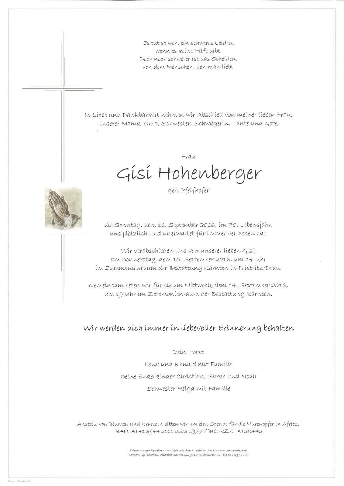 Parte Gisela Hohenberger geb. Pfeifhofer