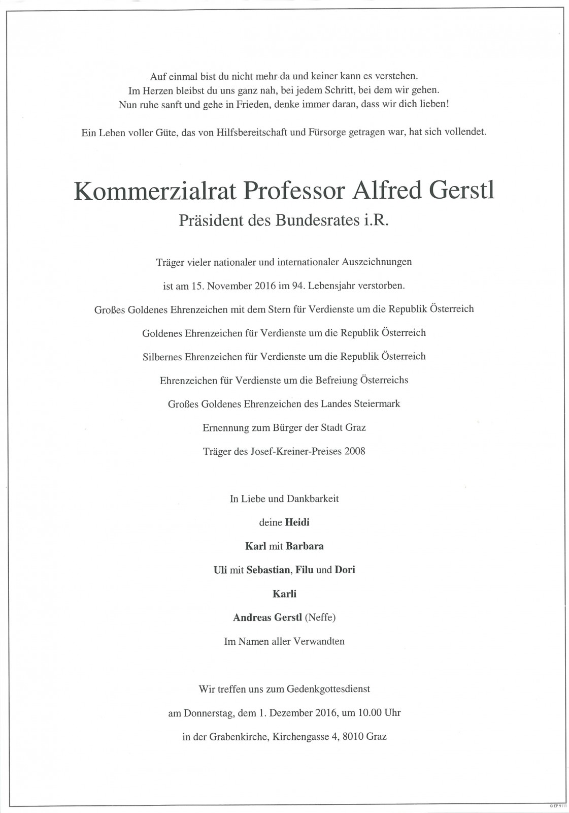 Parte Prof. KommR. Alfred Gerstl