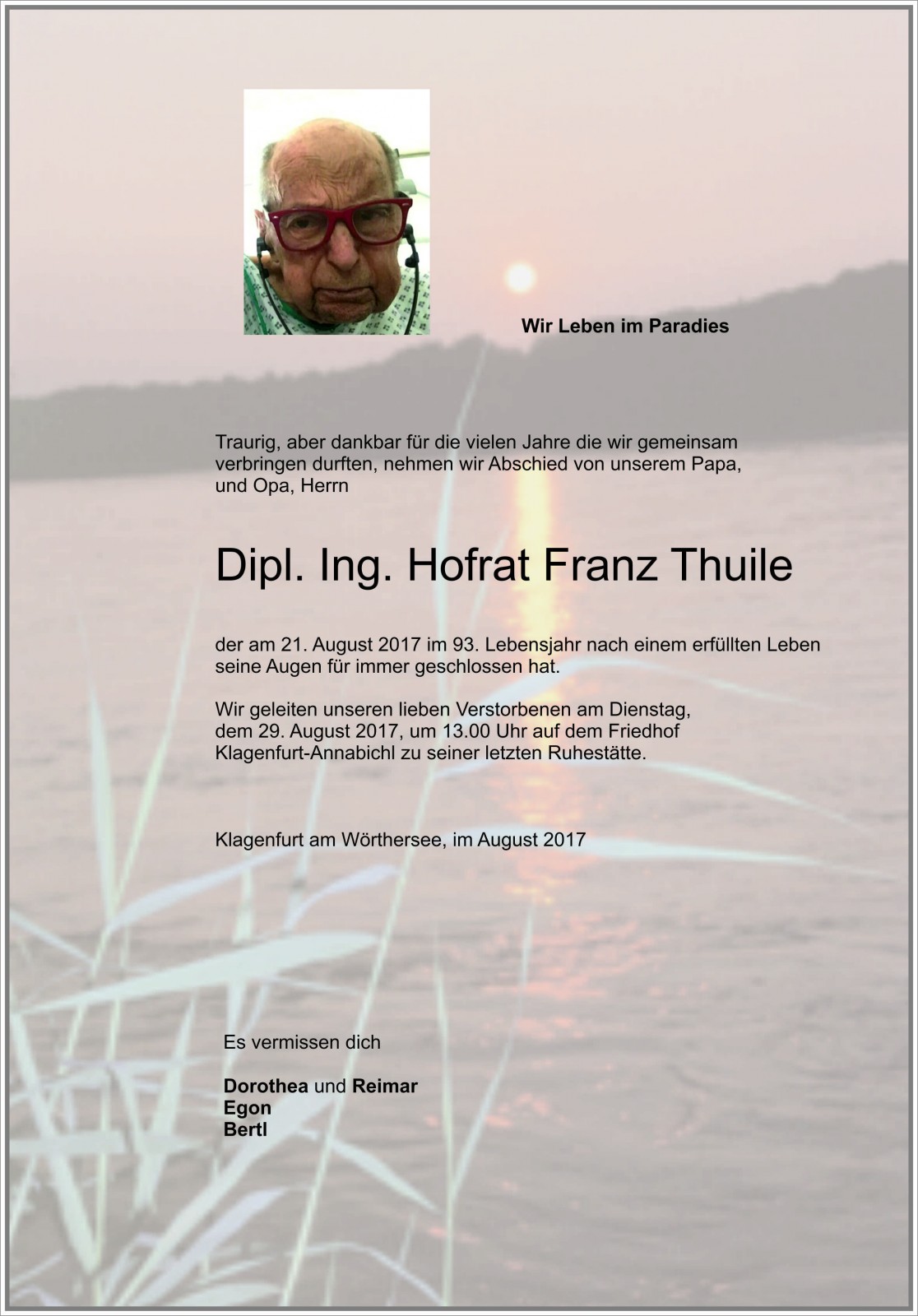 Parte Dipl. Ing. Hofrat Franz Thuile